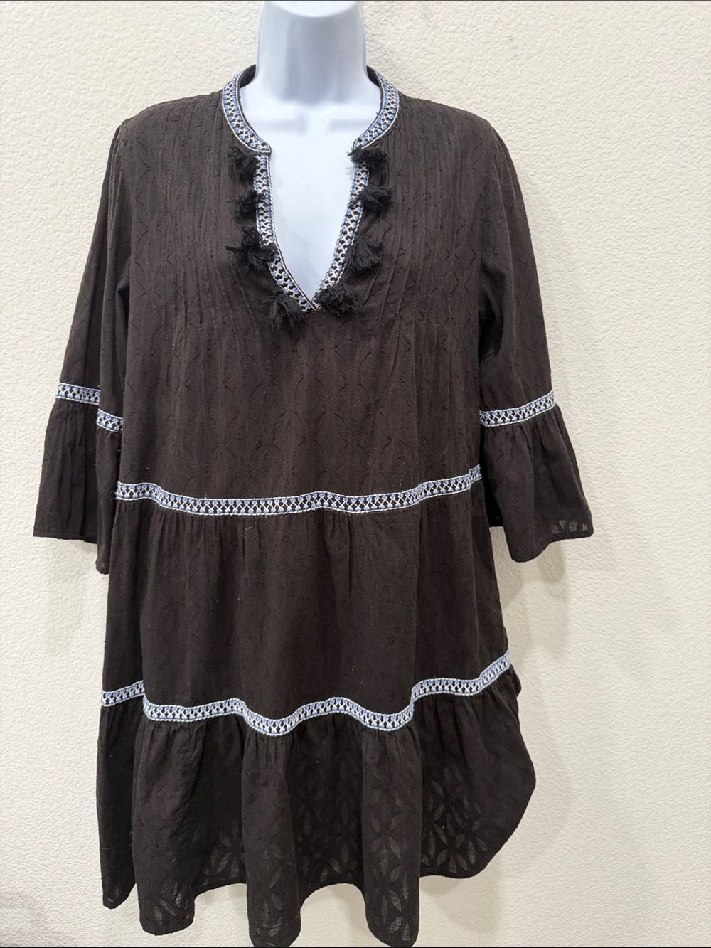Tommy Bahama Black Embroidered V-Neck Swim Coverup with Tassels